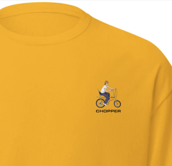 Yellow t-shirt with a small graphic of a person on a chopper bike and 'CHOPPER' text.